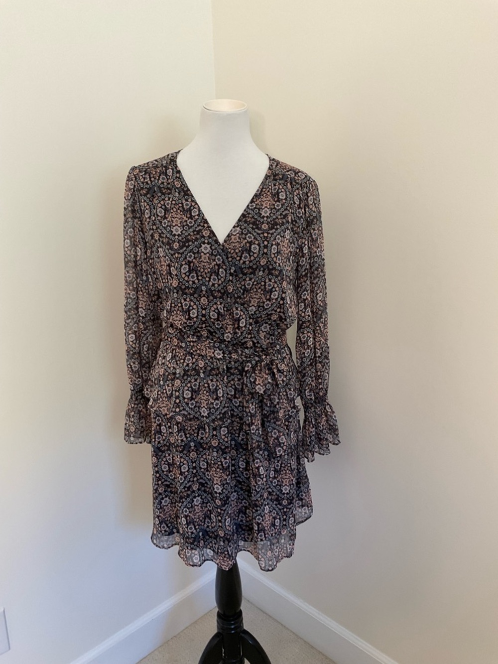 NWT LC Lauren Conrad Black & Pink Floral Ruffle Long Sleeve Dress